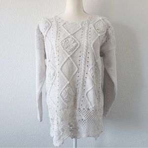 Rebecca Stone White Knit Sweater Crochet Hem Boho Cottagecore Large